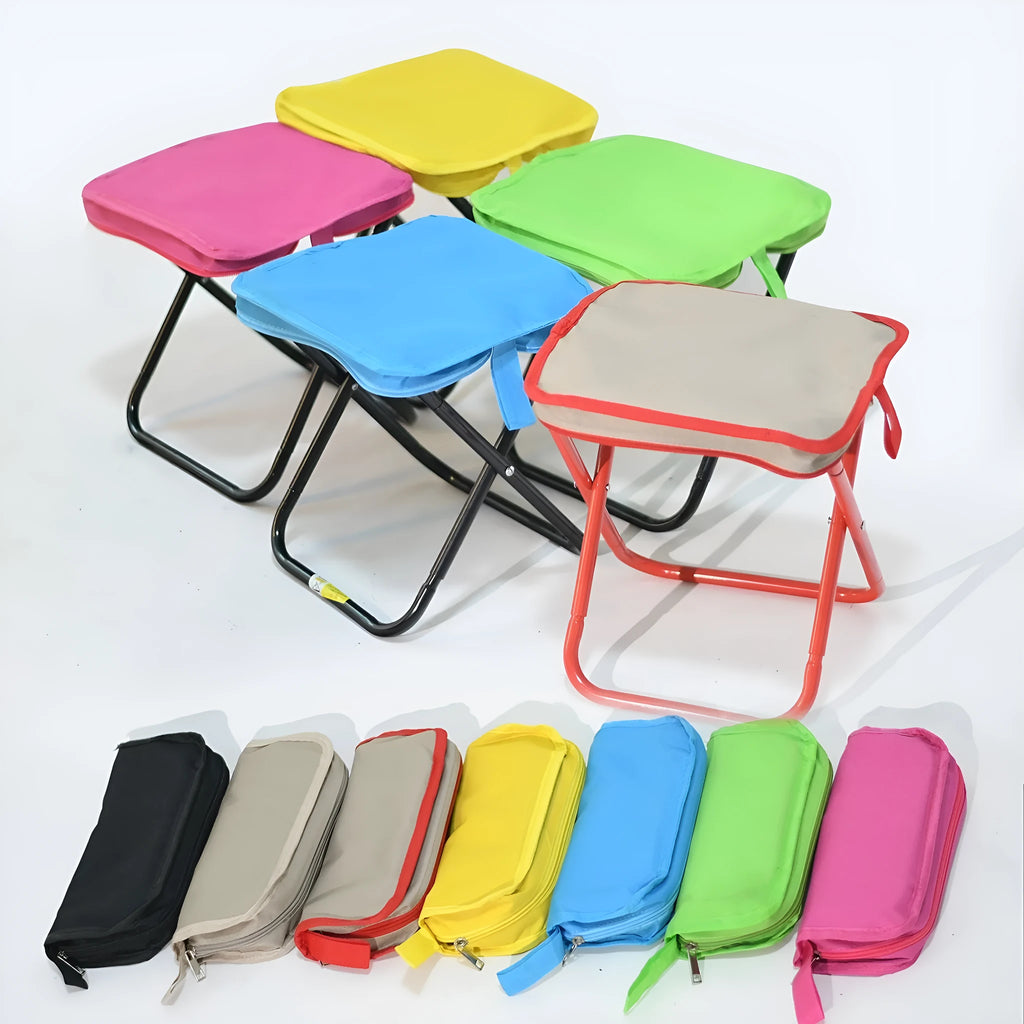 A lightweight foldable camp stool with an Oxford cloth seat, shown in a collapsed pencil box design.