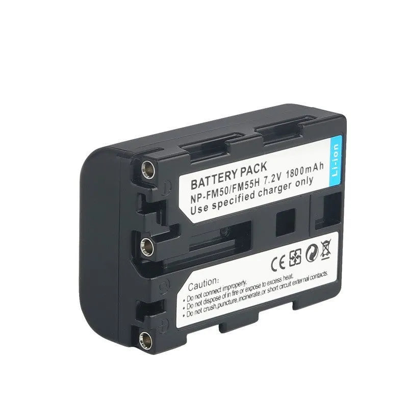 Black FM50 FM30 FM55H camera battery, 7.2V DC/DV replacement power pack with 8.4V charger input.