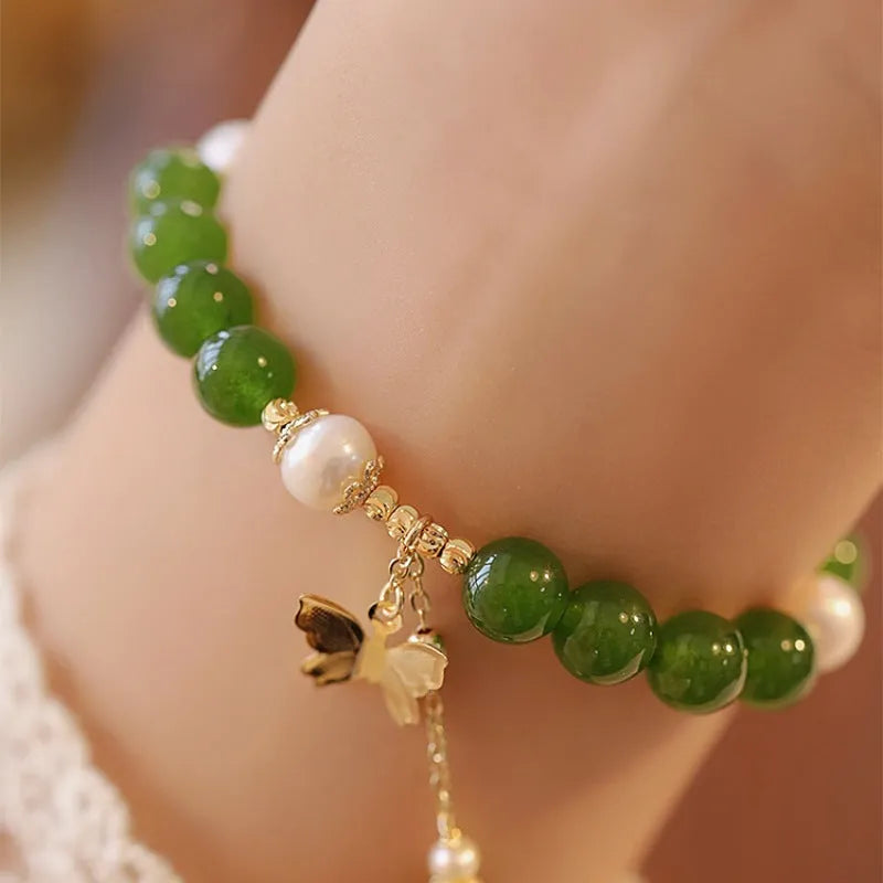 Green chalcedony bracelet with geometric design and round beads for women