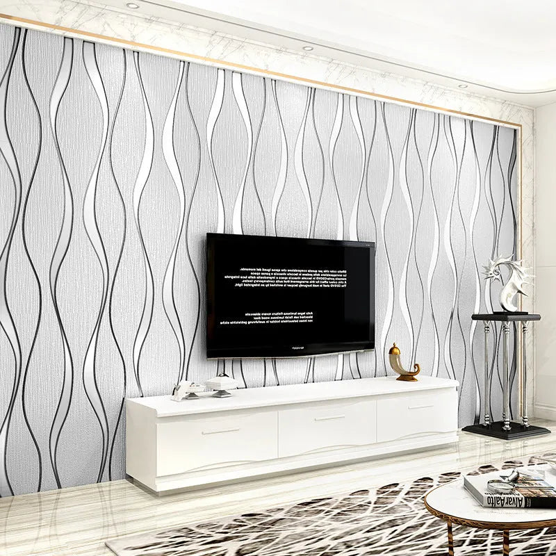 Close-up of light grey 3D curve stripe wallpaper with thick deerskin velvet texture and raised pattern.