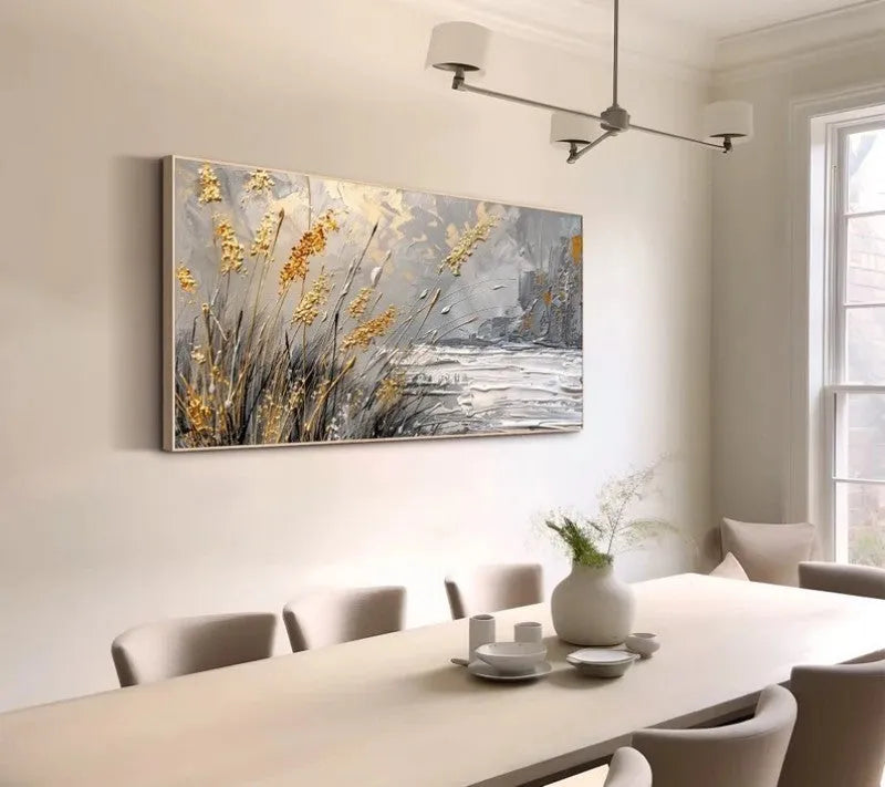 Hand painted abstract lake reed landscape oil painting on canvas, contemporary style, horizontal orientation, available in multiple sizes