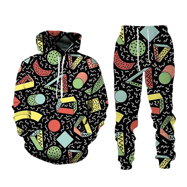 3D printed sports hoodie and long pants set for men, loose fit, black colour