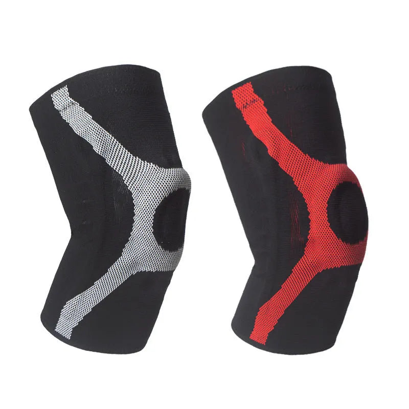 Silicone knitted non-slip sports knee pads in red and grey colours, shown in S, M, L, XL sizes.