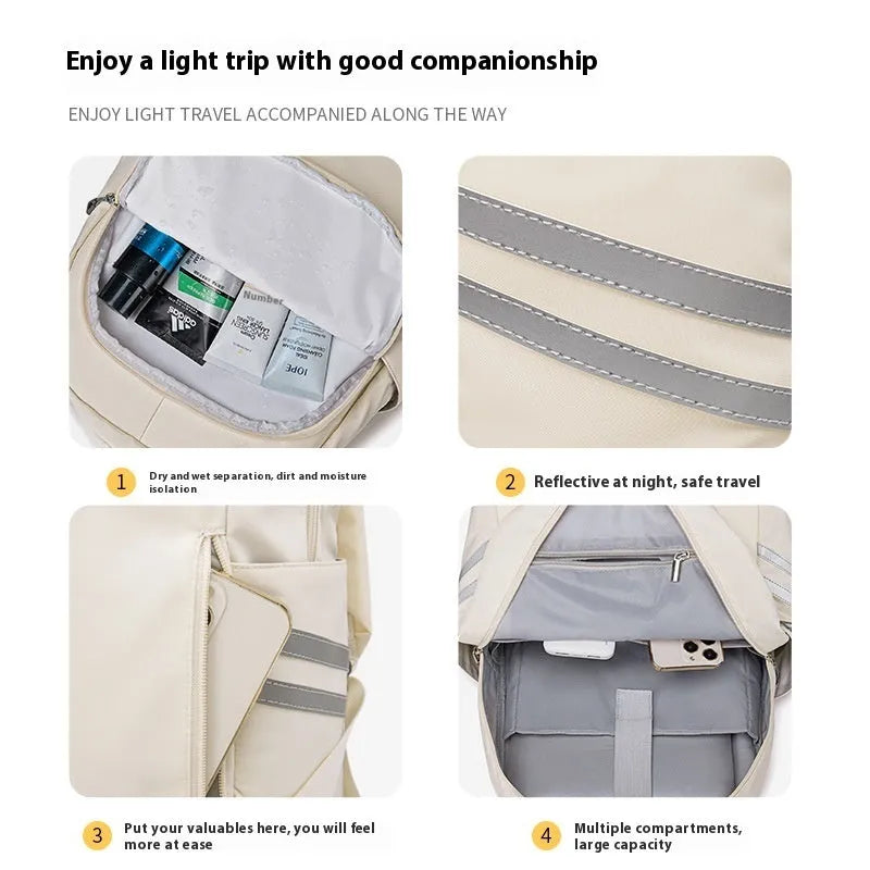 Large travel backpack with dry wet separation compartments and curved shoulder straps in beige colour