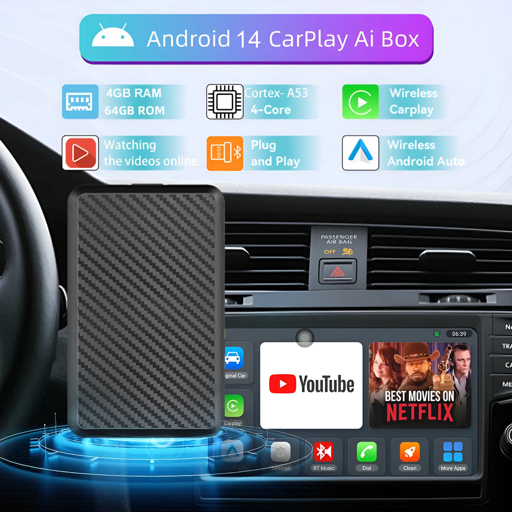 Black plastic wireless CarPlay box with Type-C interface for car navigation mirroring