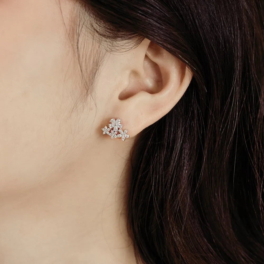 S925 sterling silver flower stud earrings with petal design in platinum and gold colour