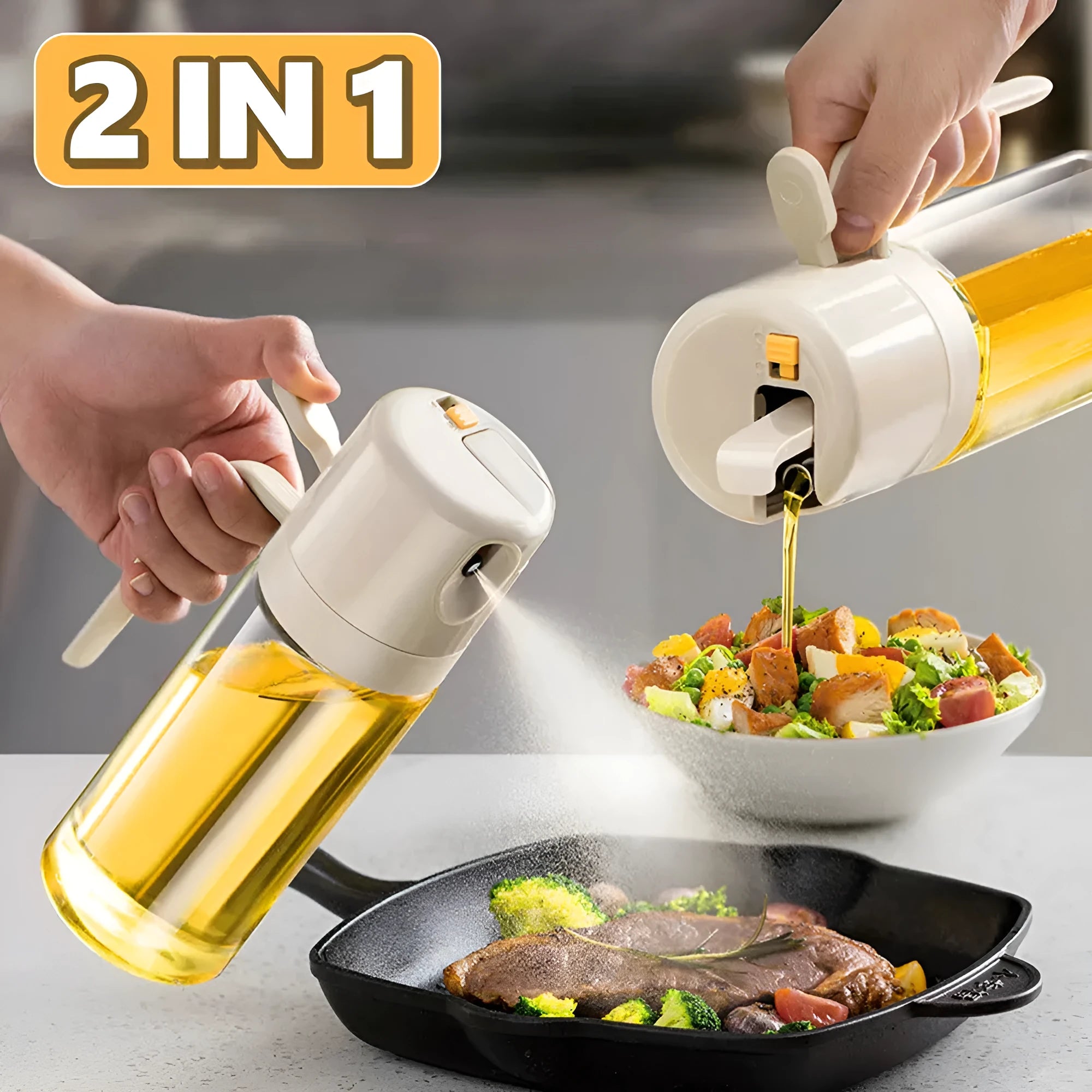 Warm grey 550ml glass oil sprayer bottle with switchable spray/pour cap on kitchen counter