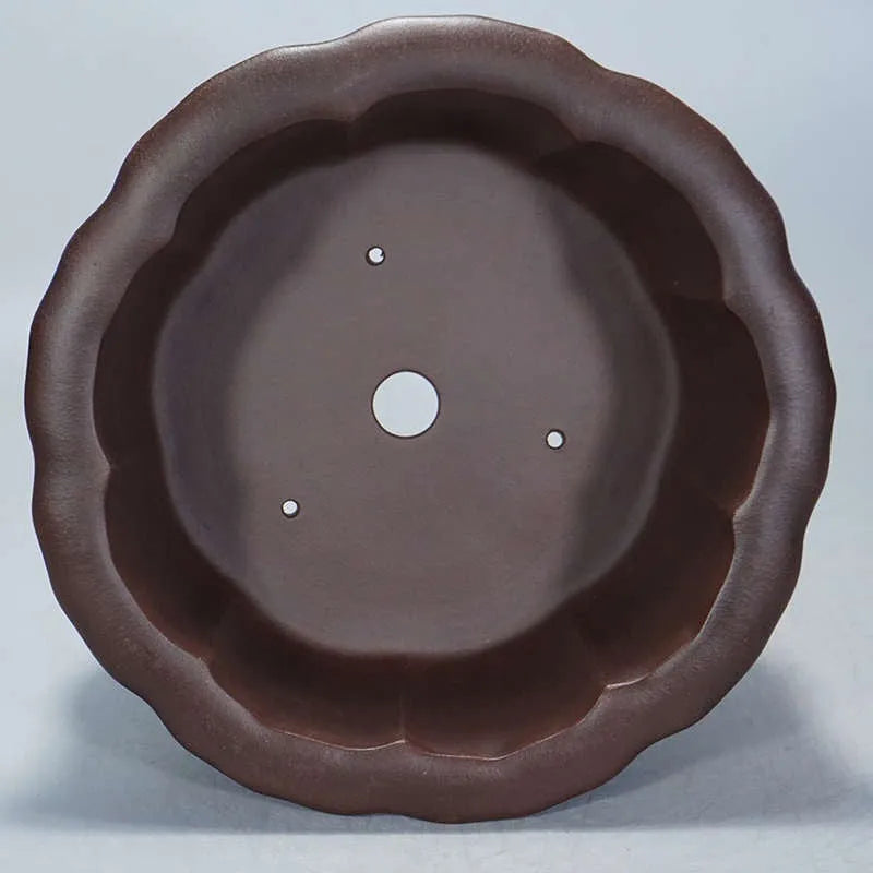 Square antique purple-red clay succulent bonsai pot on a table, measuring 37cm wide.