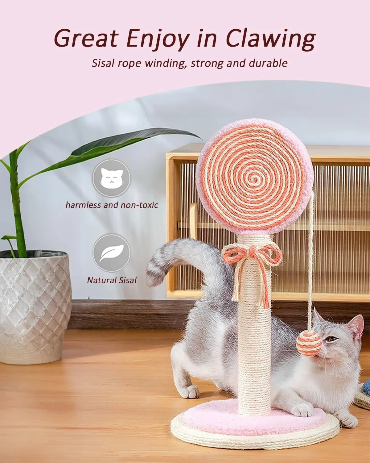 Blue cat scratching post with natural sisal rope and a hanging yellow ball on a sturdy wooden base.