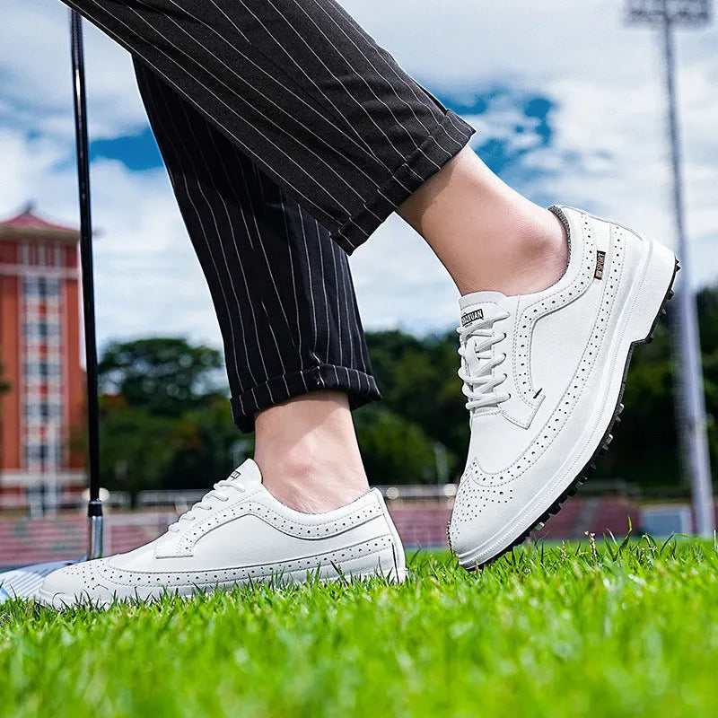 Men's golf shoes with genuine leather upper and non-slip rubber outsole in Lake Blue and White colours