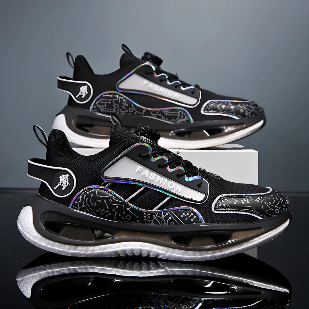 Men's mesh sports shoes in black colour with elastic band fastening and popcorn TPU sole