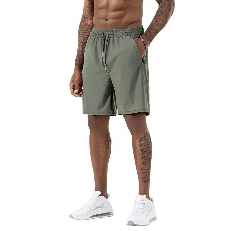 Men's black Ice Silk quick-drying sports shorts with a drawstring high waist on a hanger.