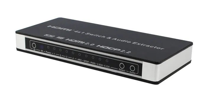 Black HDMI switch unit with four input ports, remote control, and 10m cable for video switching