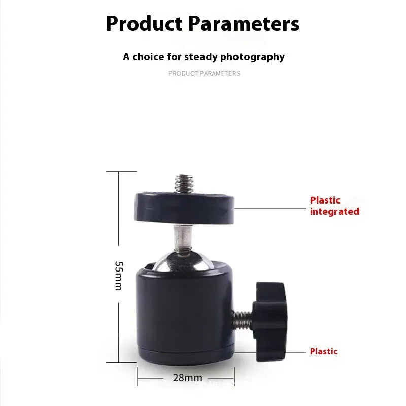 Metal tripod head with 360-degree rotating adjustment bracket and 1/4-inch universal thread