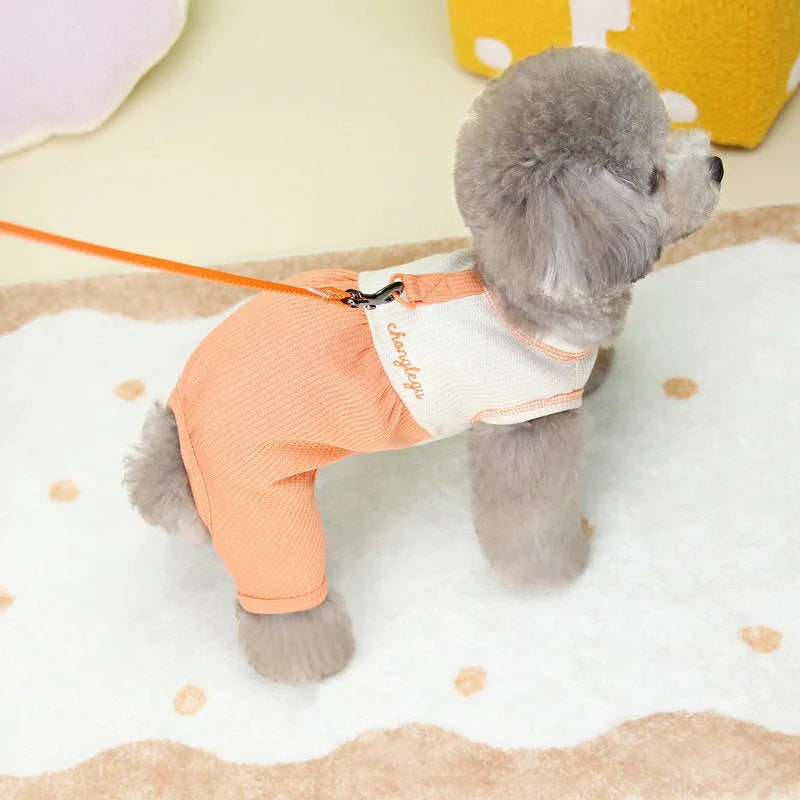Set of three fashion personalised puppy pyjamas in orange, gray, and purple polyester fabric on white background