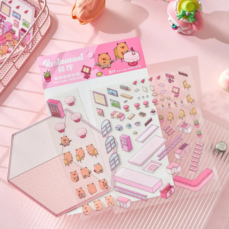 Sheet of pre-cut three-dimensional cartoon landscaping stickers for hand accounting, showing bakery, flower shop, and bookstore designs.