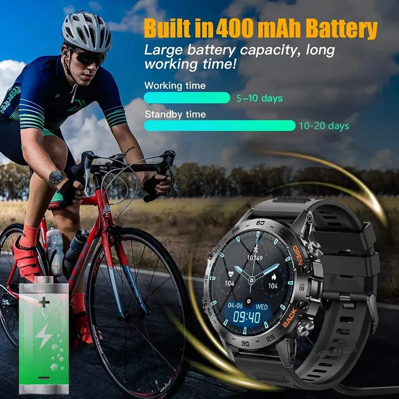 Bluetooth calling smart watch with IP68 waterproof case and colour options including black and silver straps