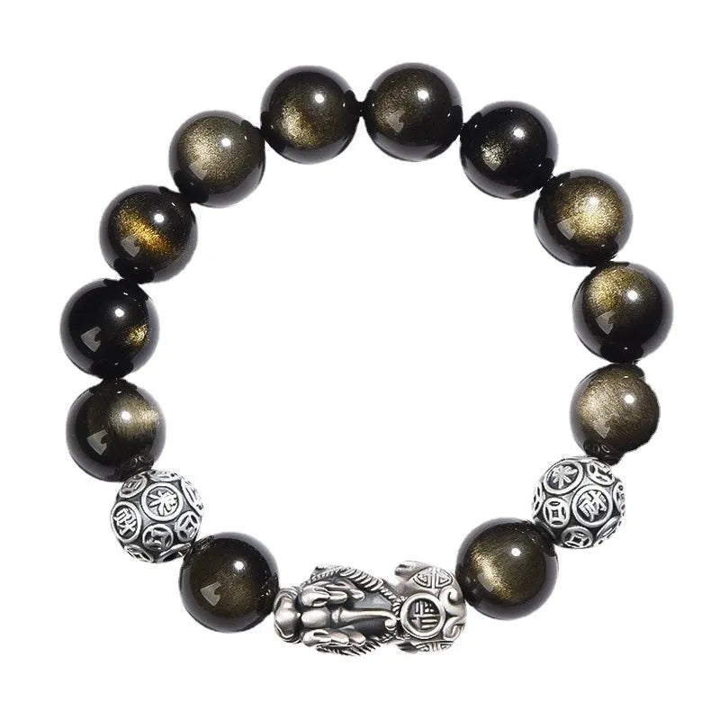 Men's geometric bracelet made of genuine black obsidian stone and polished 999 sterling silver components.