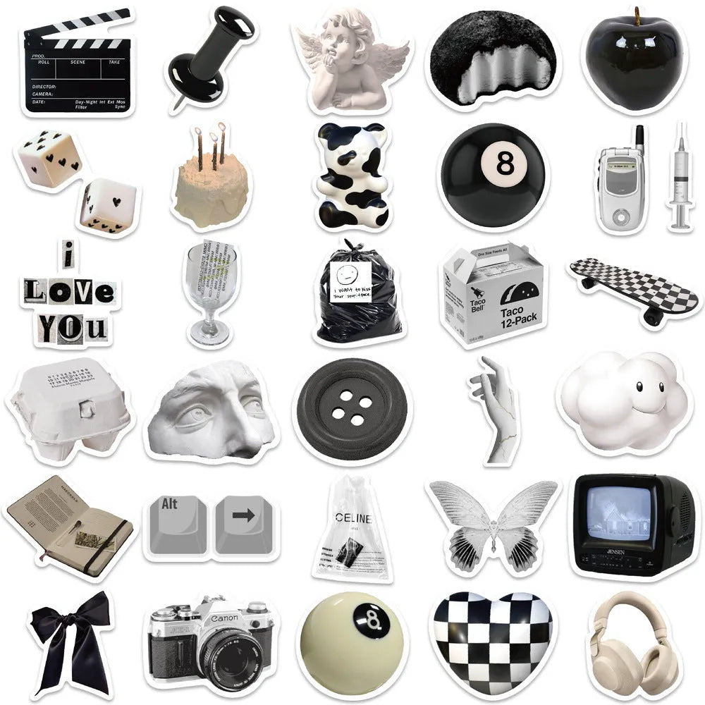 Set of 61 black and white waterproof PVC stickers for laptops, phones, luggage, and other personal items.