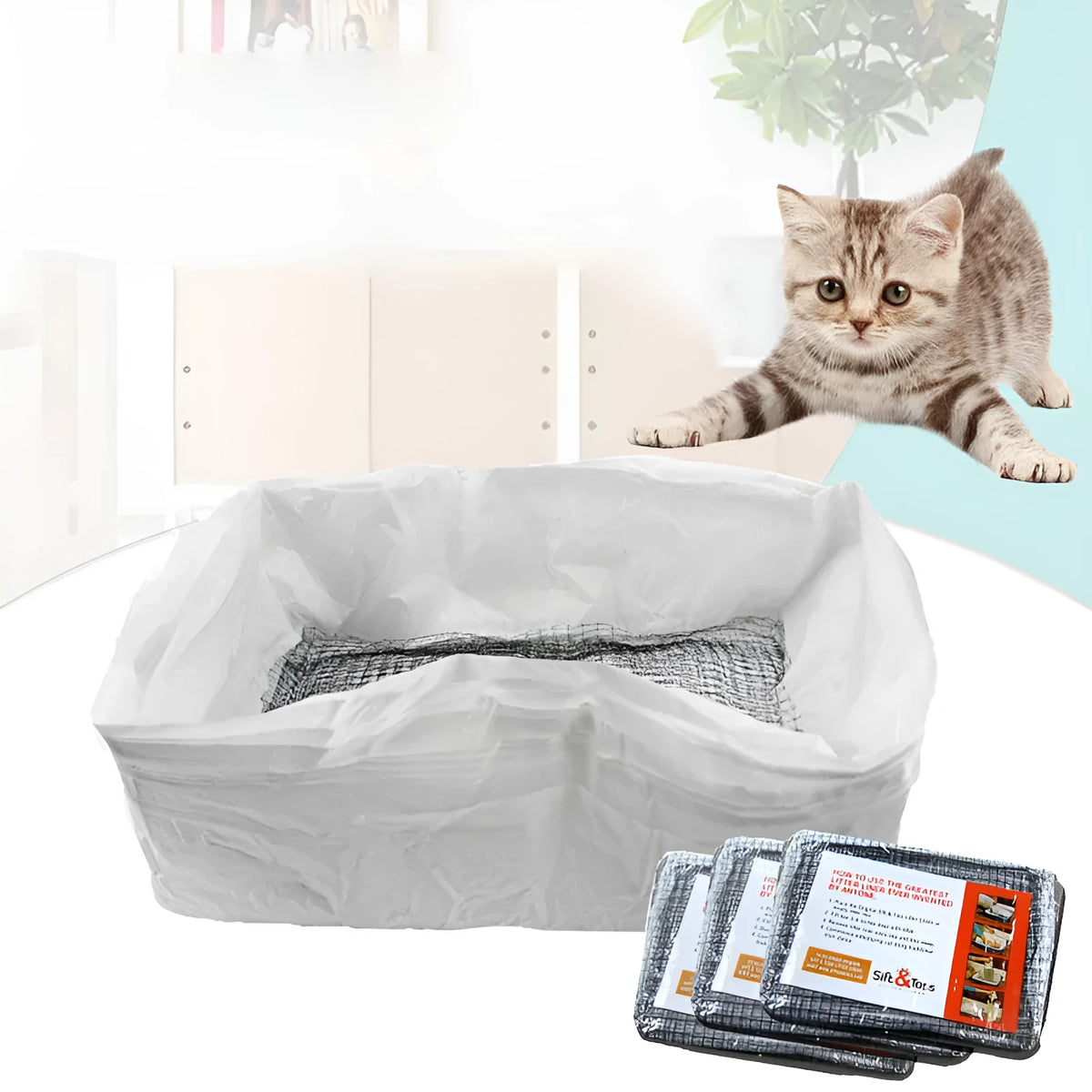 Plastic cat litter bags in S, M and L set with white mats, strainer and black garbage bags