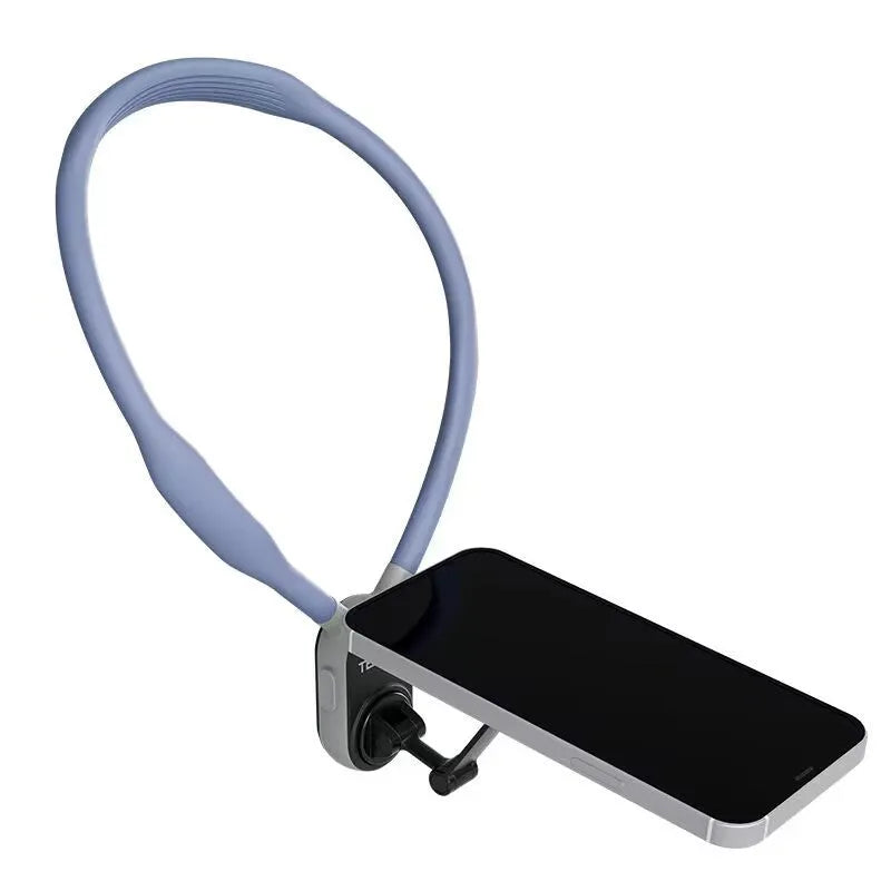 Grey silicone magnetic phone neck mount with quick release mechanism and anti-release rope