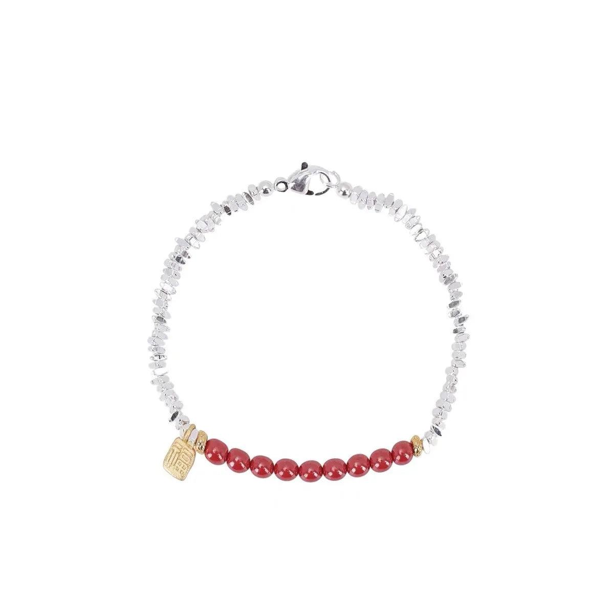 Electroplated silver couple bracelet with geometric beads on copper, 16 cm length in white K colour