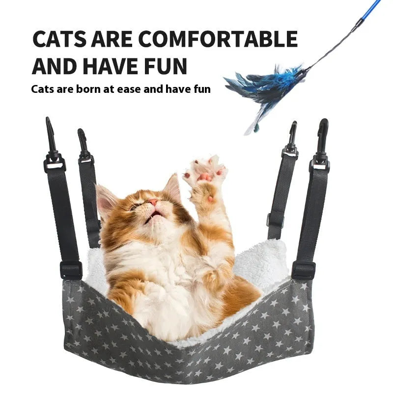 Cloth hanging cat bed with adjustable straps in a pet cage, available in sizes 27x27cm to 57x47cm and multiple patterns