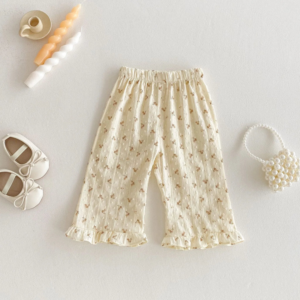 Children's cotton sleeveless top and casual trousers two-piece set in cream apricot colour