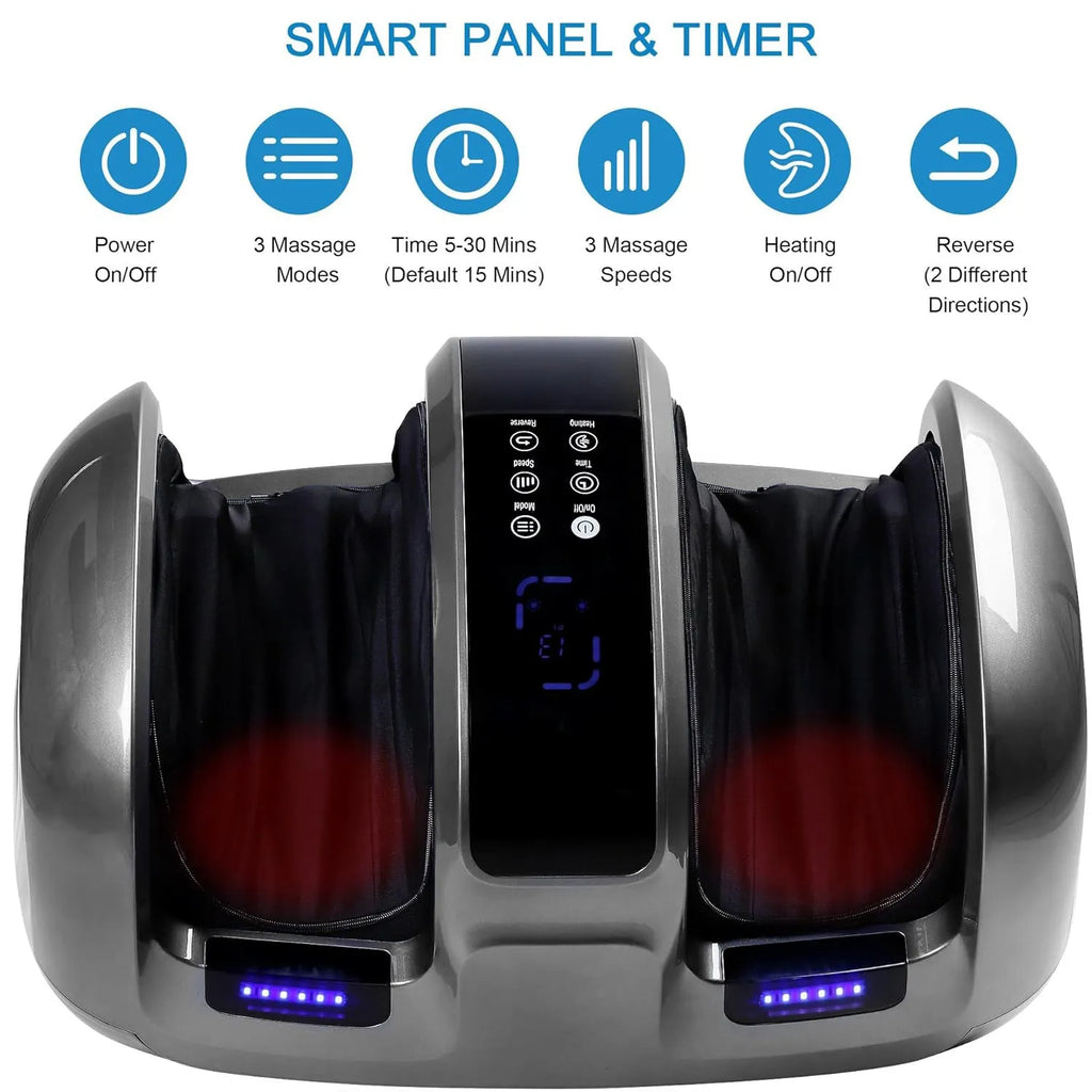 3D foot and calf massager with heat, four auto programs, adjustable intensity, and remote control, black finish