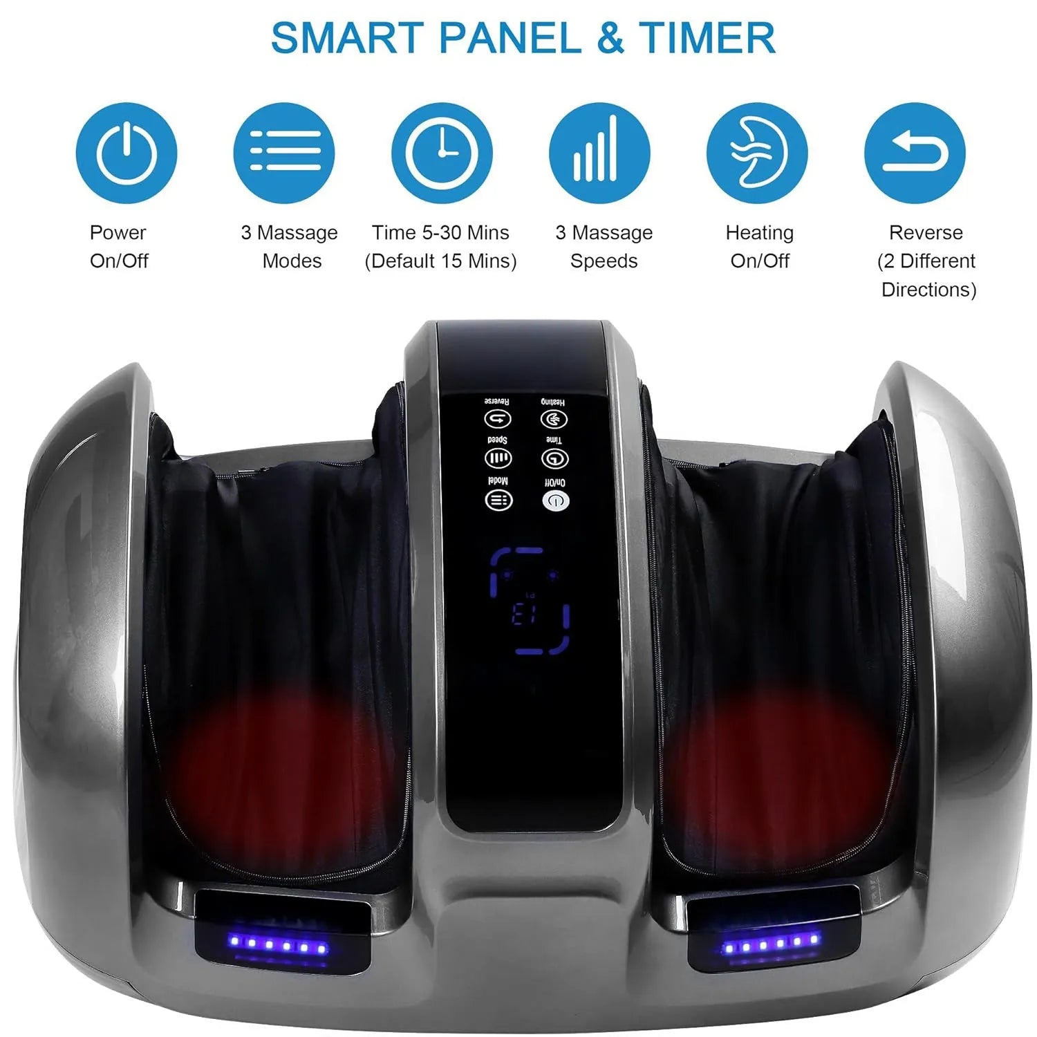 3D foot and calf massager with heat, four auto programs, adjustable intensity, and remote control, black finish