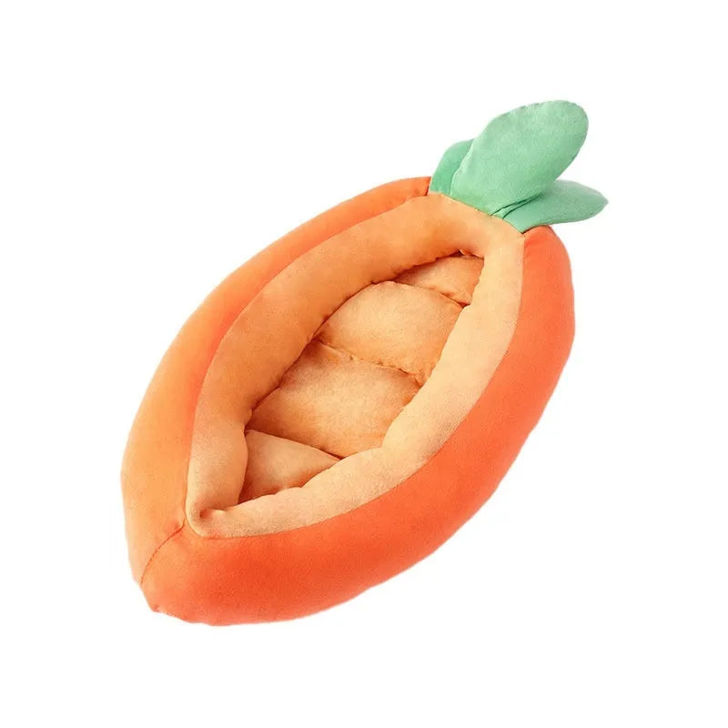 Reversible carrot-print cloth pet mat for dogs, shown in medium and large sizes.