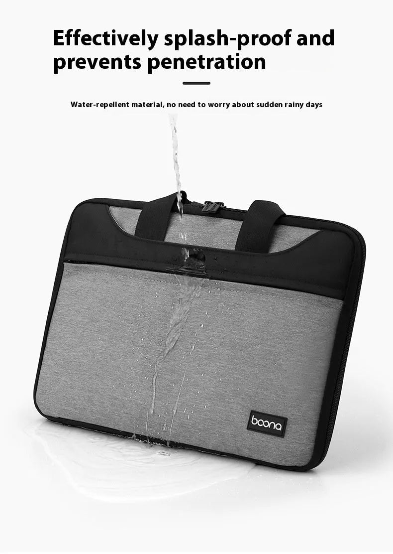 Black Oxford cloth laptop bag with soft carry handle showing laptop compartment and business travel use