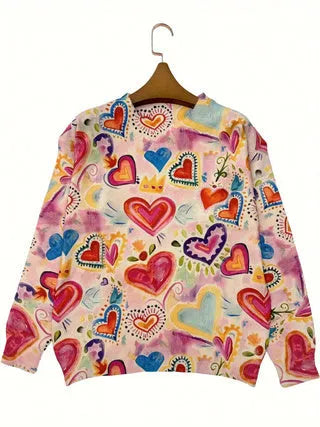 Digital printed loose fit top with lapel collar in various sizes showing all-over printing design