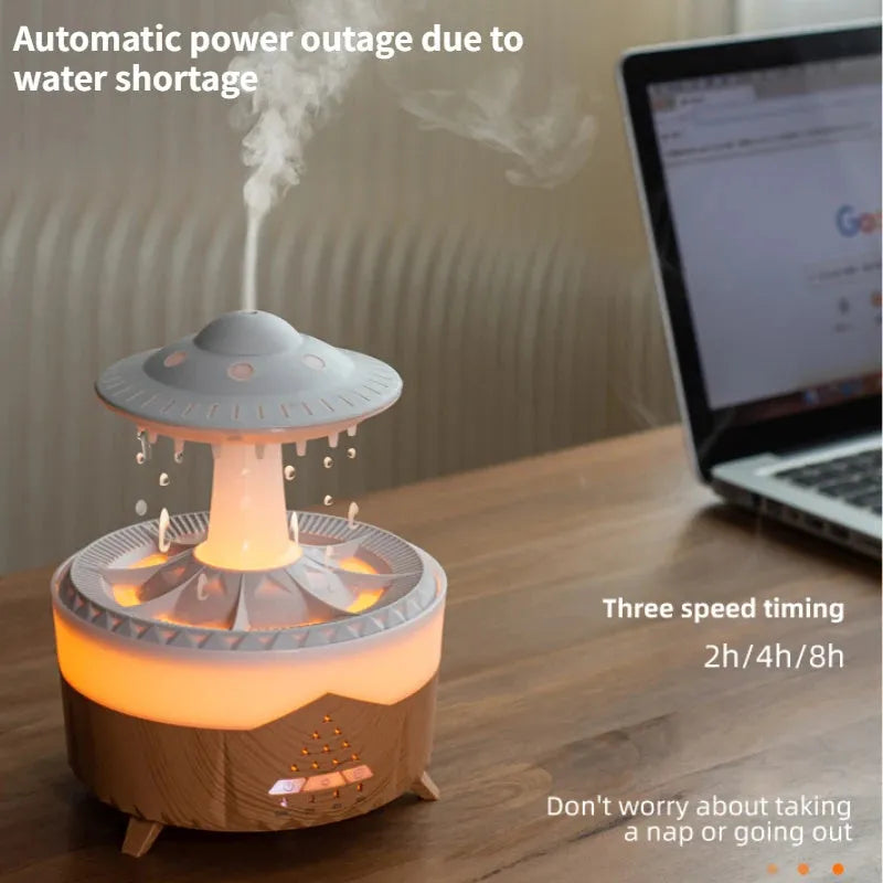 White cloud-shaped USB humidifier with LED night light and water droplet display