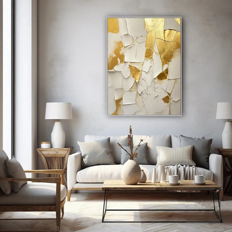Handmade golden and white abstract oil painting on canvas, vertical orientation, no frame