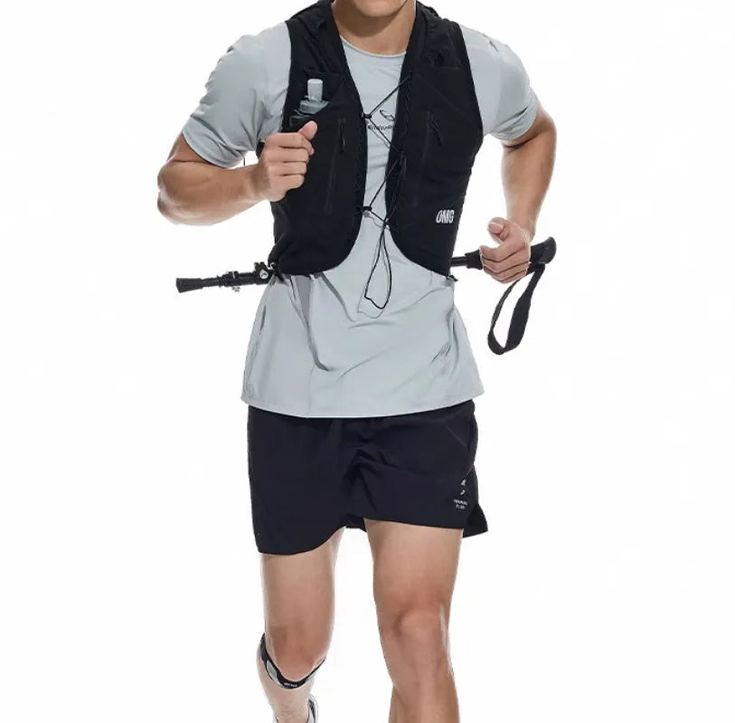 Men's black running shorts with four-point laser stitching detail on stretch fabric.
