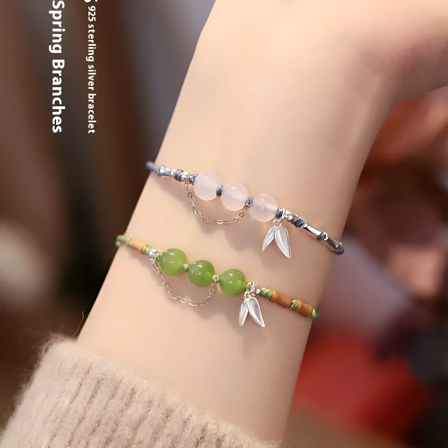 Handmade woven Hetian jade bracelet with diamond shape and lotus seedpod design in light green or blue chalcedony