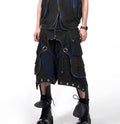 Blue hooded denim vest with front zipper and matching trousers, Korean style deconstructed design