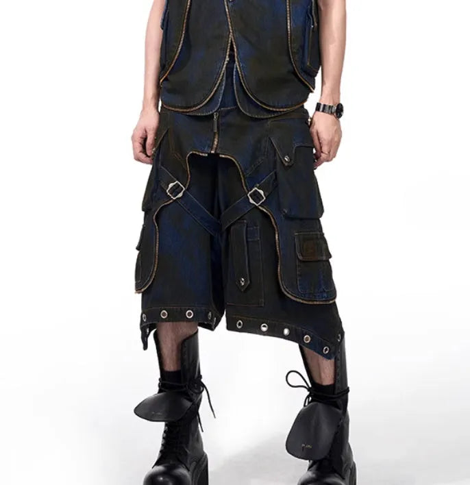 Blue hooded denim vest with front zipper and matching trousers, Korean style deconstructed design