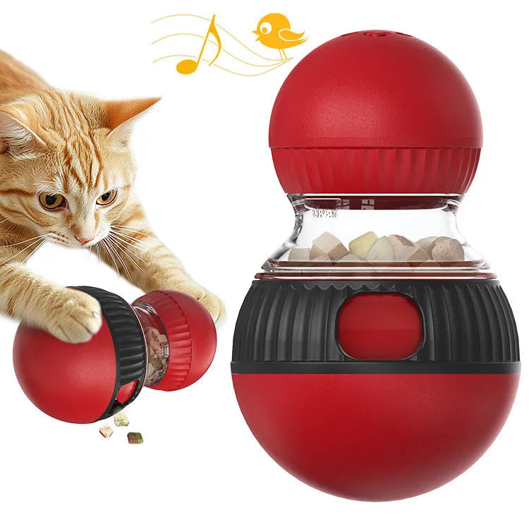 Plastic rotating cat toy with sound and food-dropping mechanism in super ball colour design.