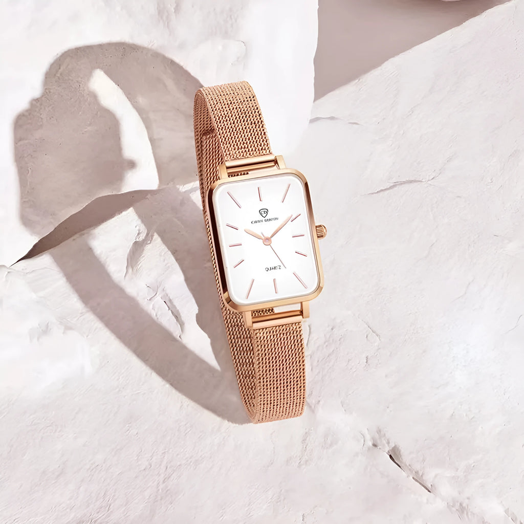 Rose gold or silver women's waterproof quartz watch with alloy case and woven steel strap.