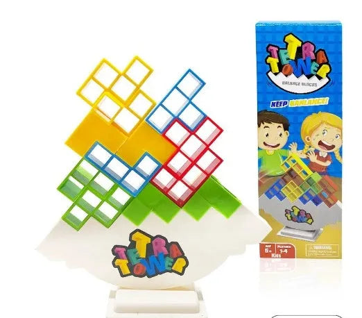 Plastic balance stacking game with coloured blocks, chassis and base for kids and adults