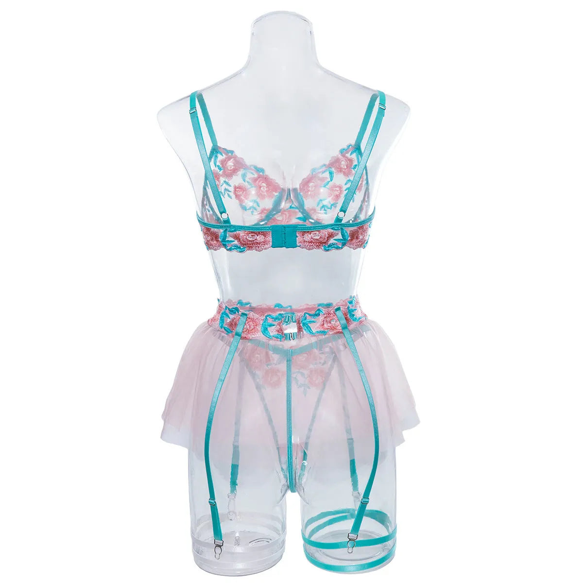 Pink women's mesh pettiskirt suit with embroidery detail, shown as a complete bikini set.