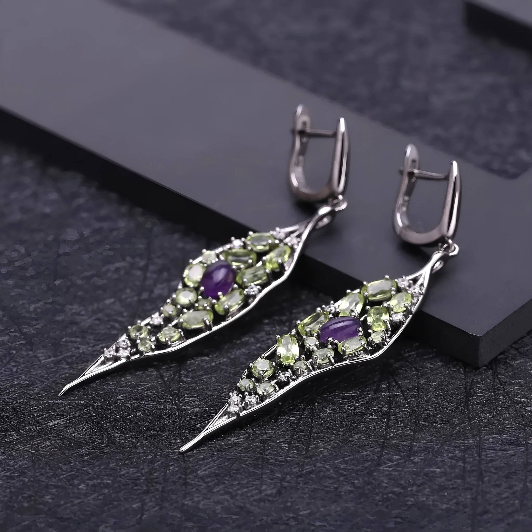 Women's 925 sterling silver earrings with purple amethyst and green olivine gems in a retro style
