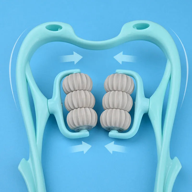 Blue six-wheel manual neck and shoulder massager with adjustable intensity settings on a white background