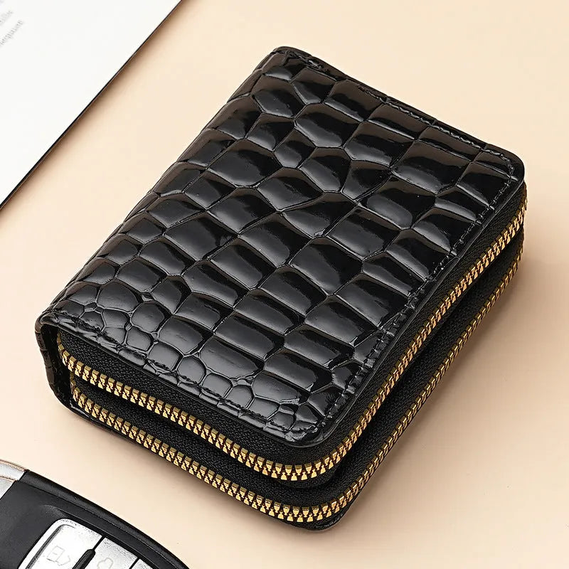Large capacity card sleeve zipper coin purse with crocodile pattern and small double pull, in multiple colours, for women