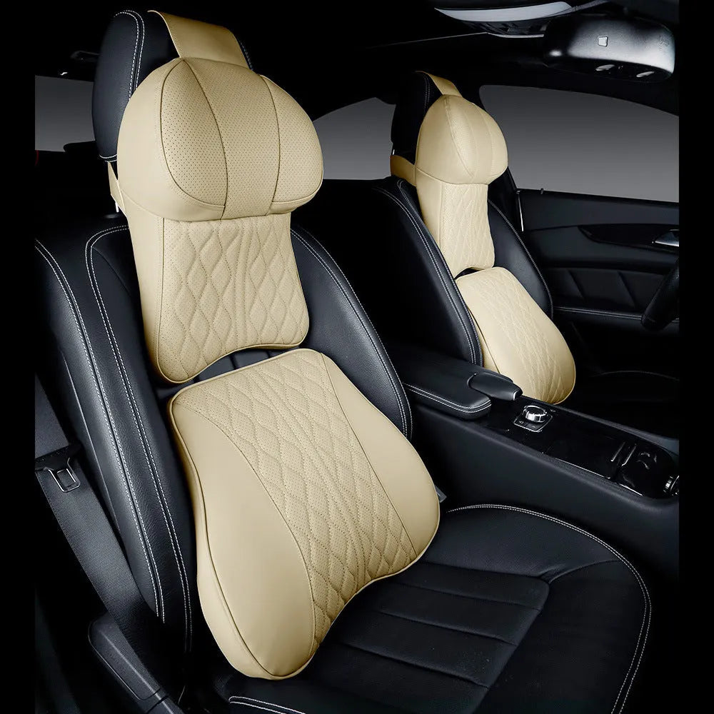 Car neck pillow and lumbar support cushion set with wavy pattern embroidery in leather-look polyester