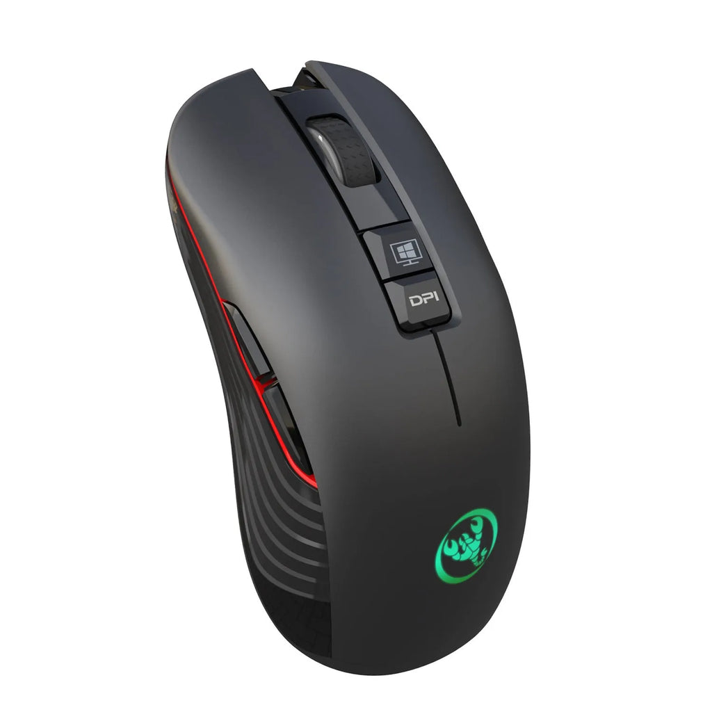Black wireless ergonomic gaming mouse with colourful breathing light and adjustable DPI settings on a desk.