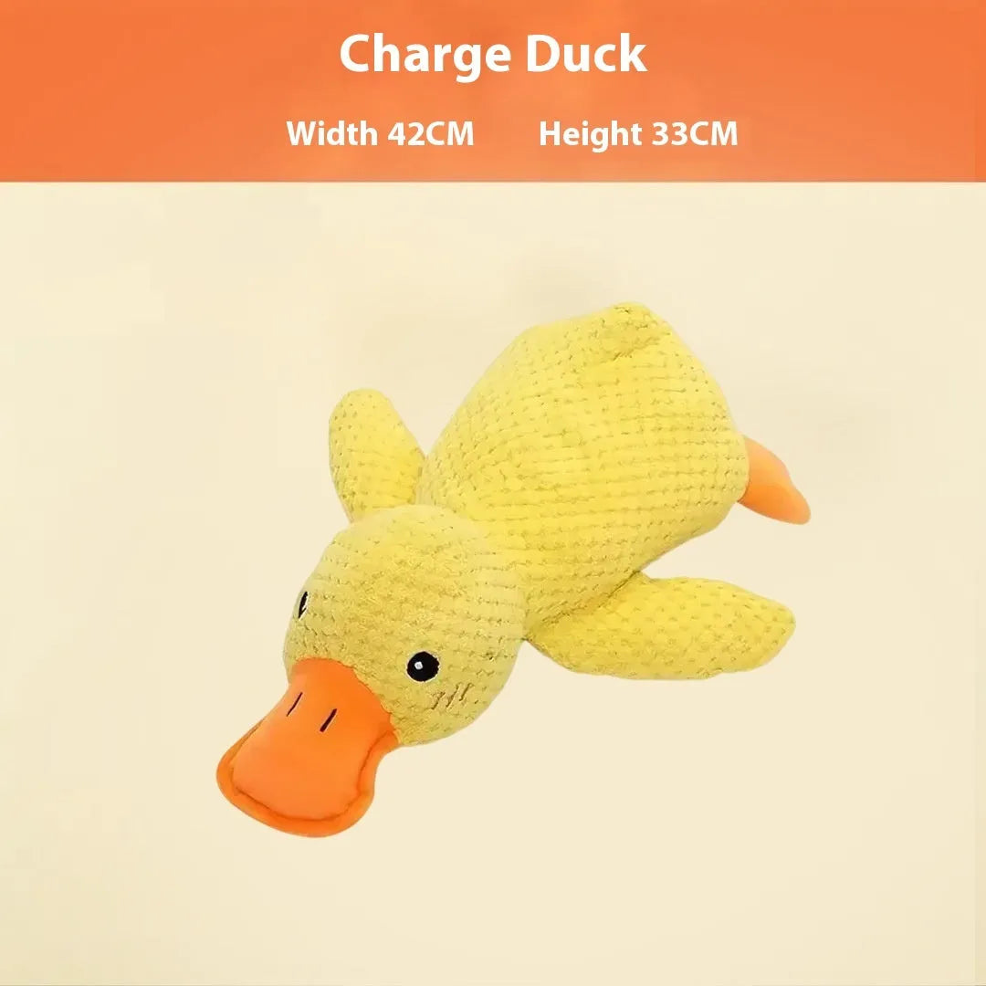 Assortment of bite-resistant plush pet toys including a donkey, a rechargeable duck, and animal companions.