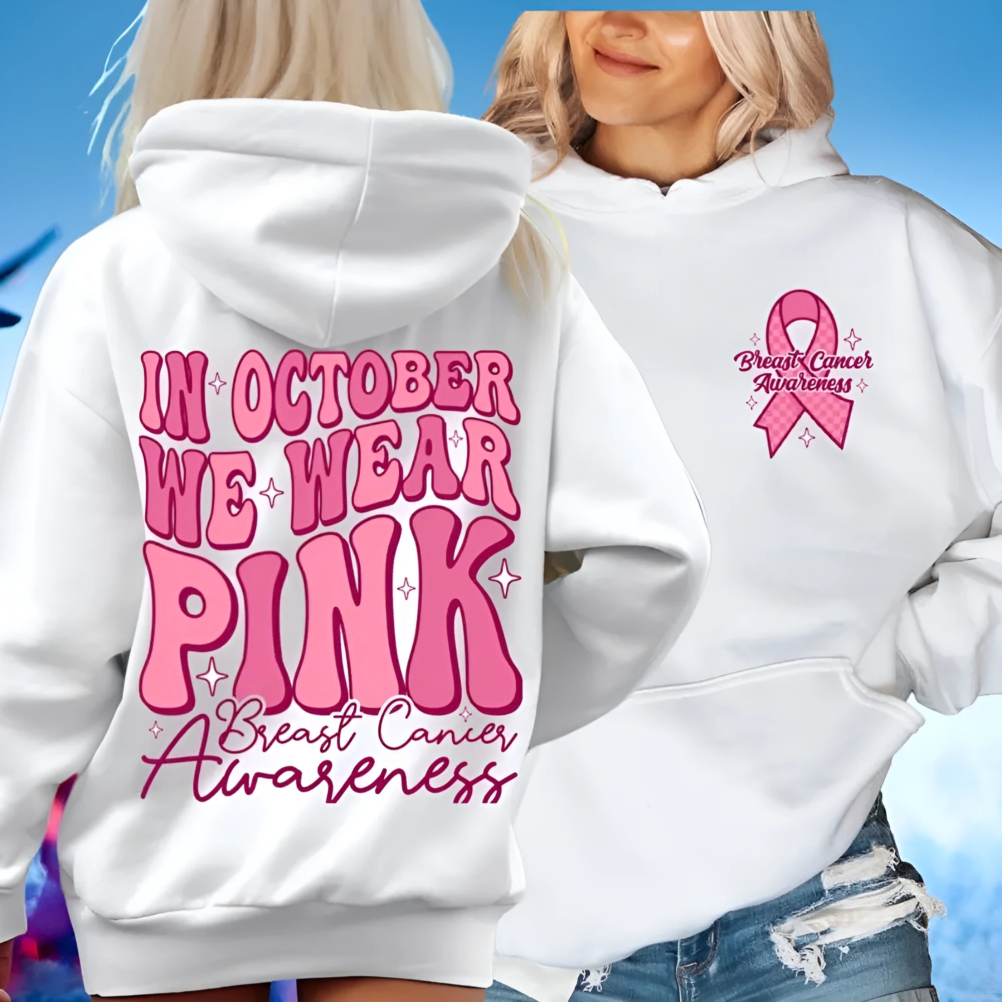 Women's pink pullover hoodie with a retro Breast Cancer Awareness print and side seam pockets.